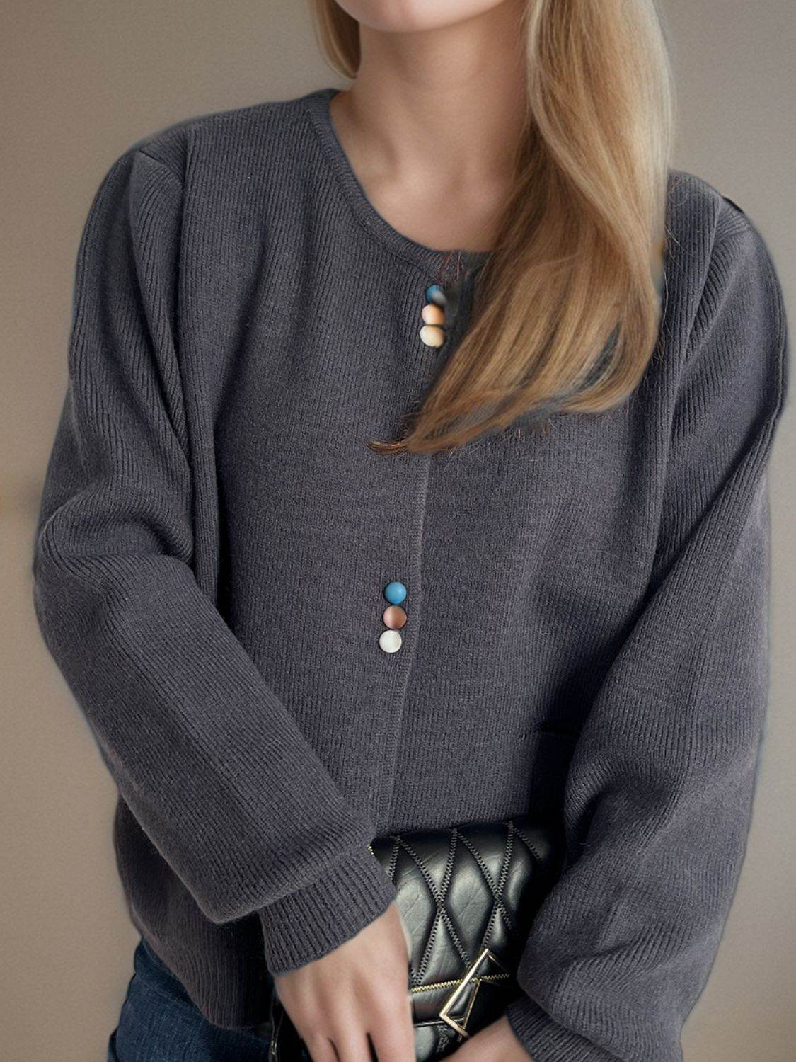 Button Down Long Sleeve Cardigan with Pockets - Delanoir