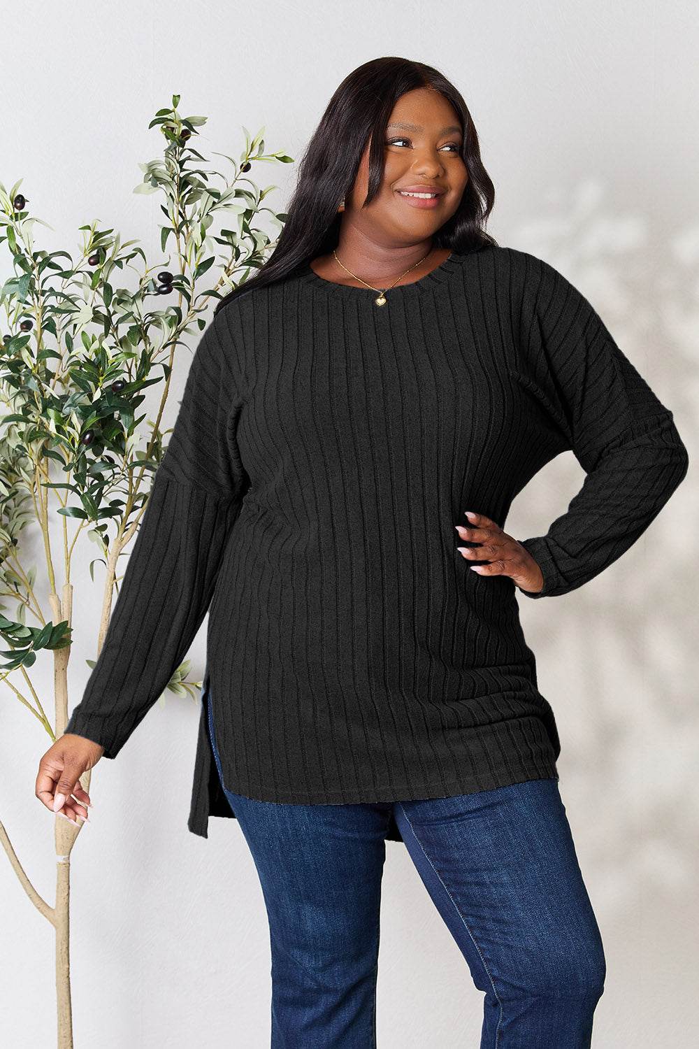 Basic Bae Full Size Ribbed Round Neck Long Sleeve Slit Top - Delanoir