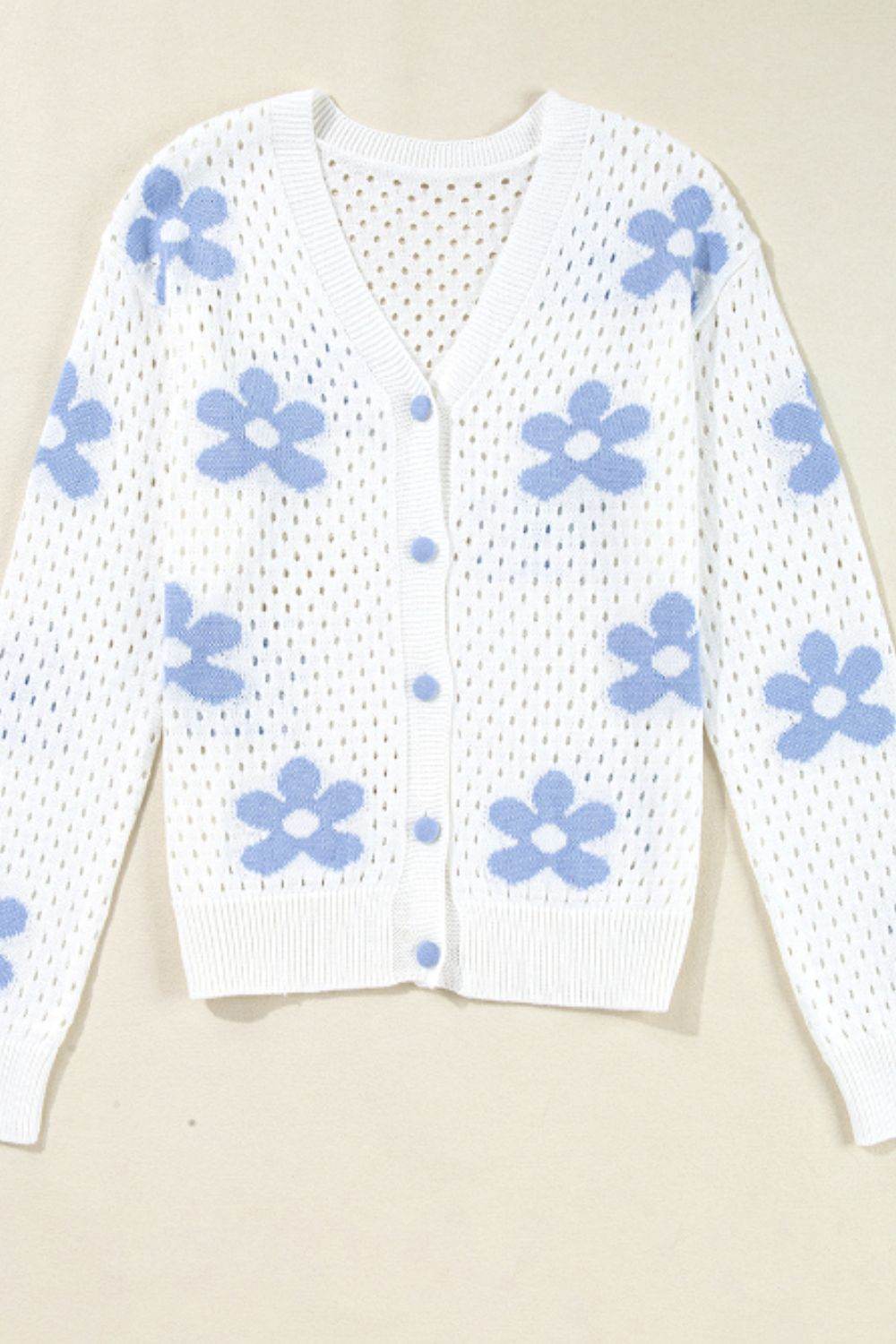Flower Hollowed Out Button Down Long Sleeve Cardigan - Delanoir