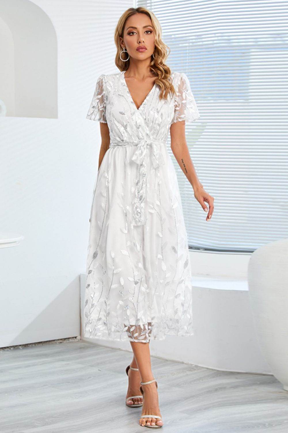 Sequin Leaf Embroidery Tie Front Short Sleeve Dress - Delanoir