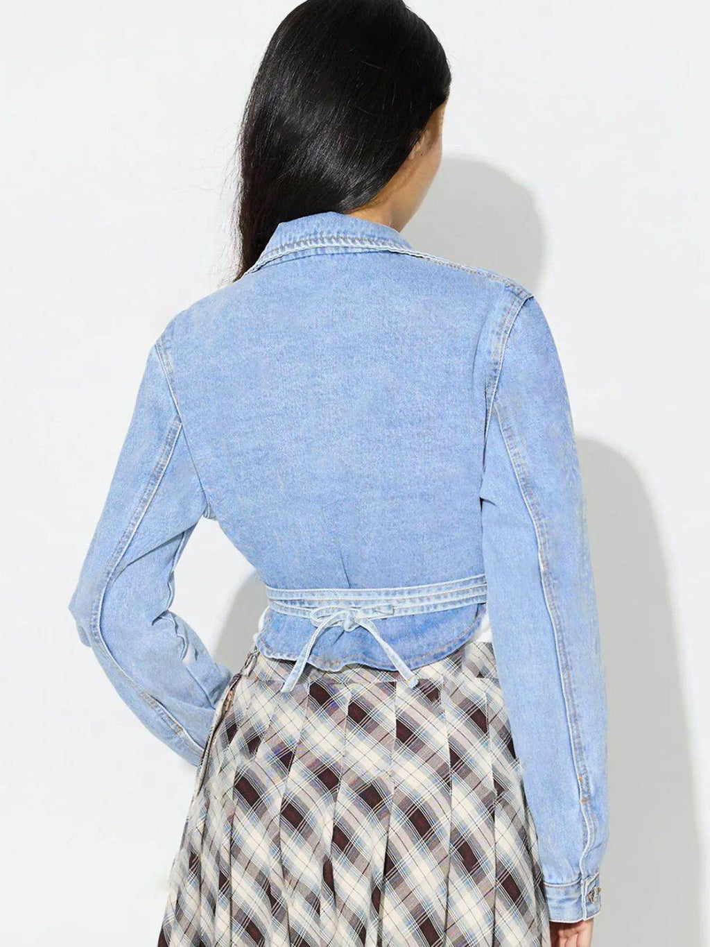 Asymmetric Slit Collared Neck Long Denim Top - Delanoir