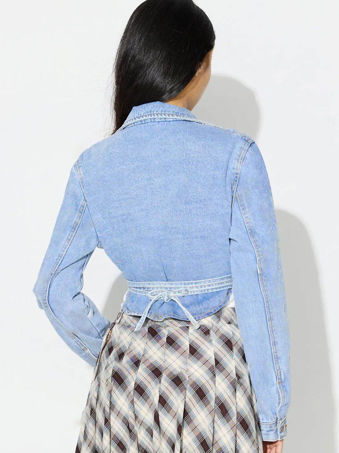 Asymmetric Slit Collared Neck Long Denim Top - Delanoir
