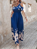 Printed Cold Shoulder Short Sleeve Maxi Dress - Delanoir