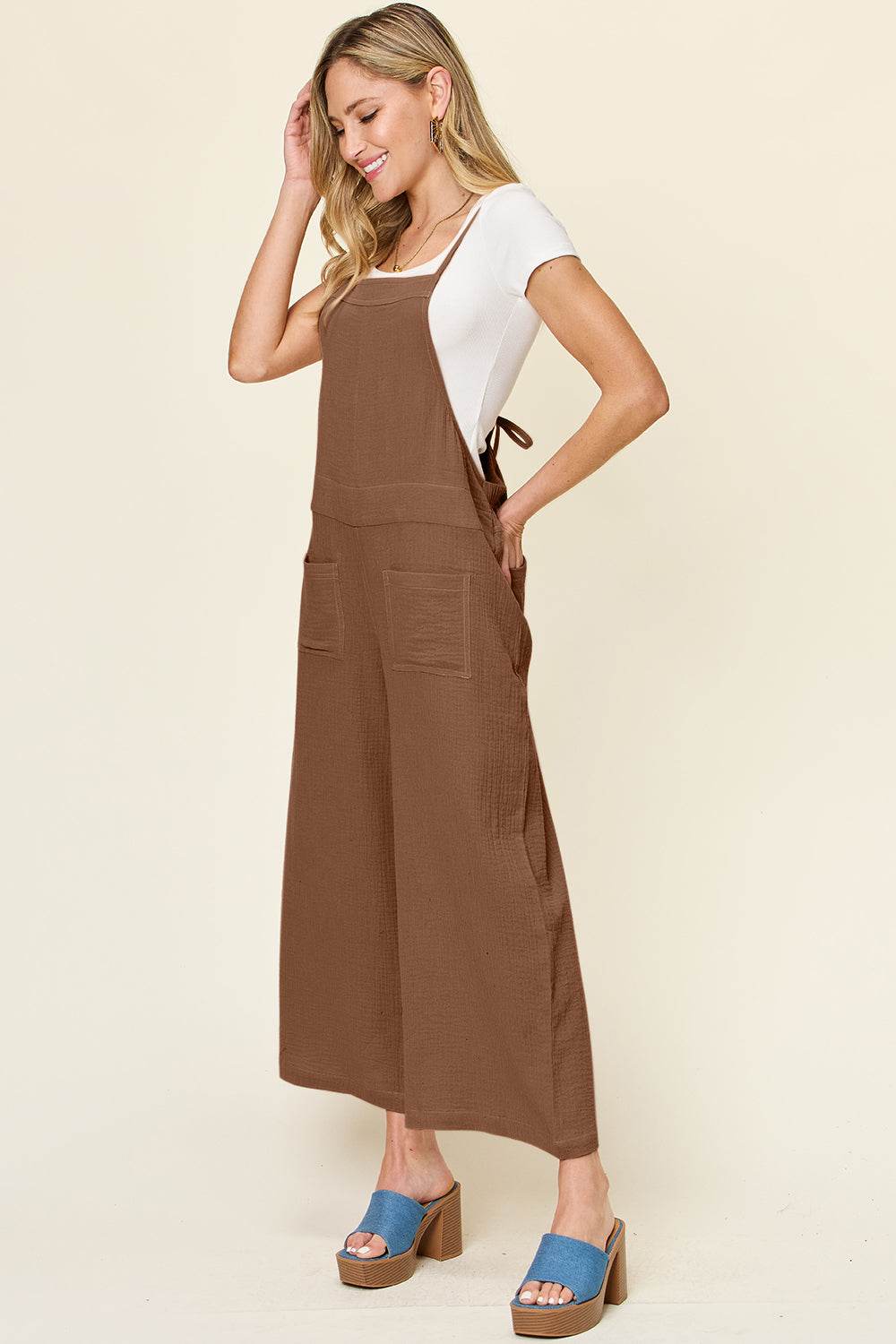 Double Take Full Size Texture Sleeveless Wide Leg Overall - Delanoir