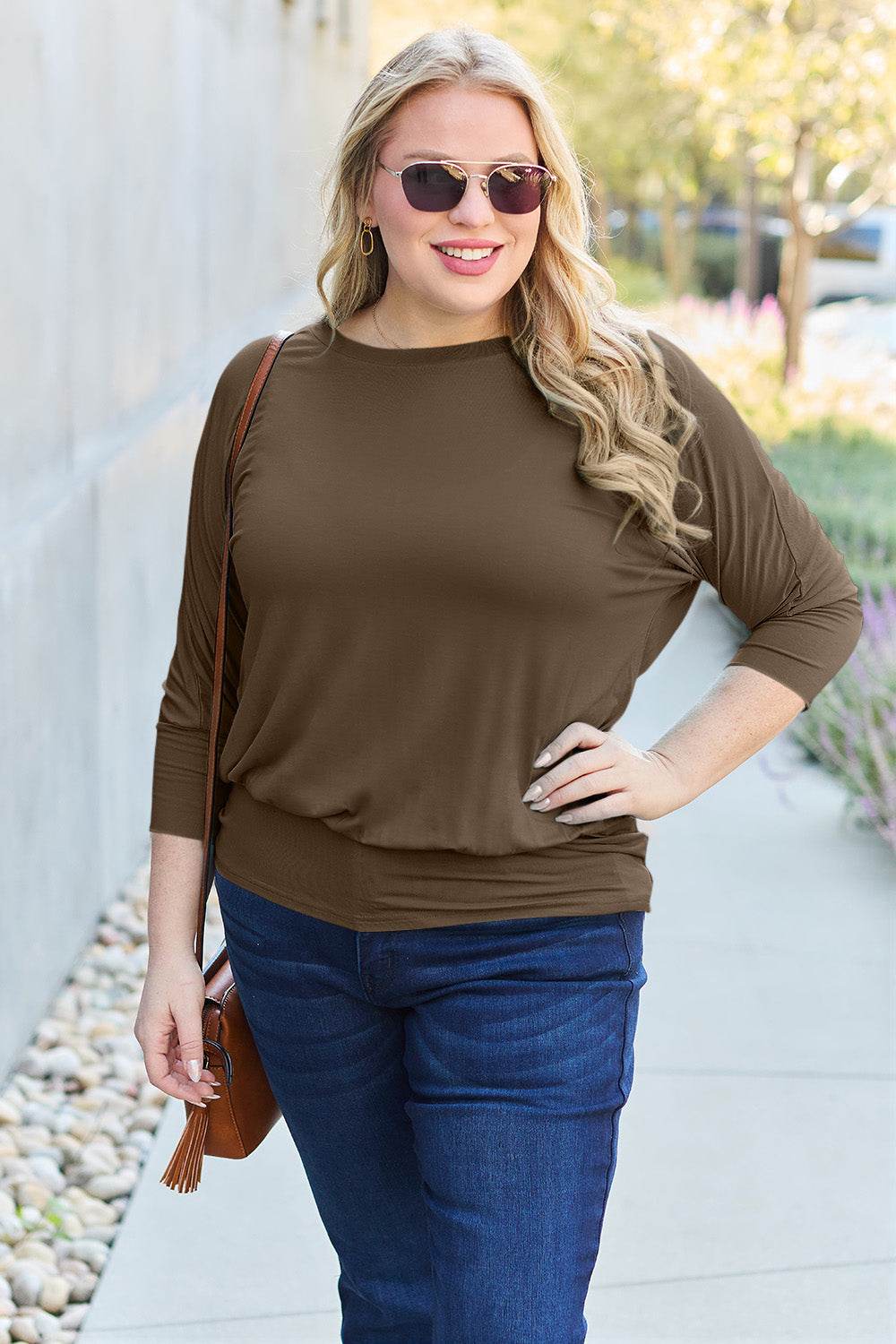 Basic Bae Full Size Round Neck Batwing Sleeve Top - Delanoir