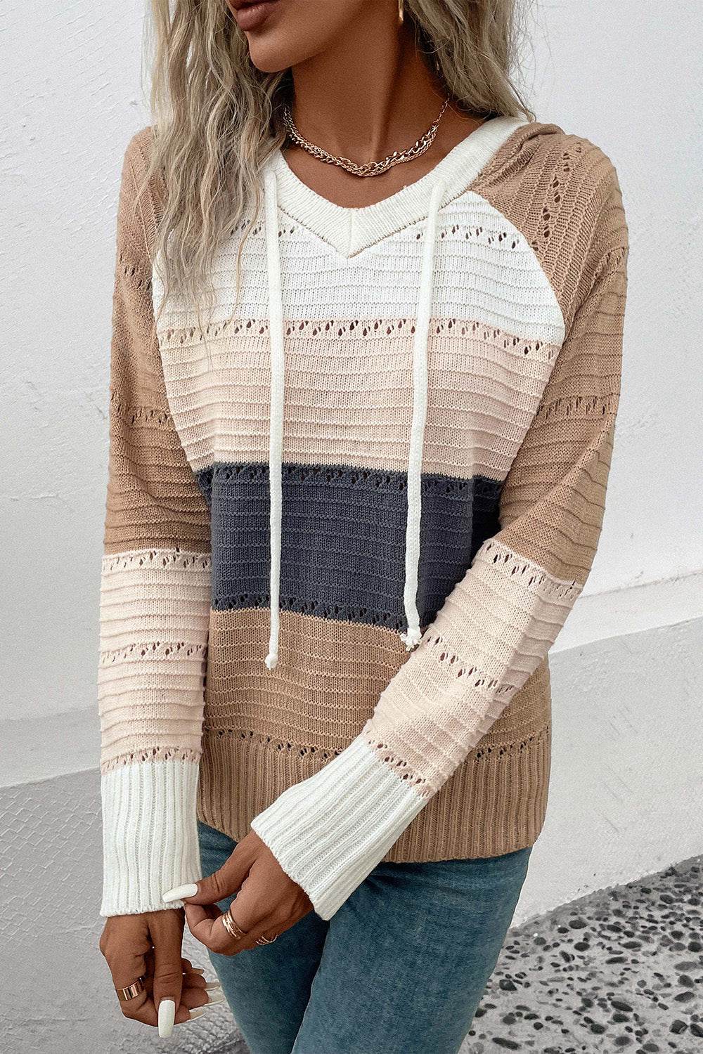 Perfee Color Block Drawstring Hooded Sweater - Delanoir