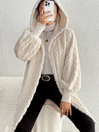 Open Front Long Sleeve Fuzzy Hooded Jacket - Delanoir