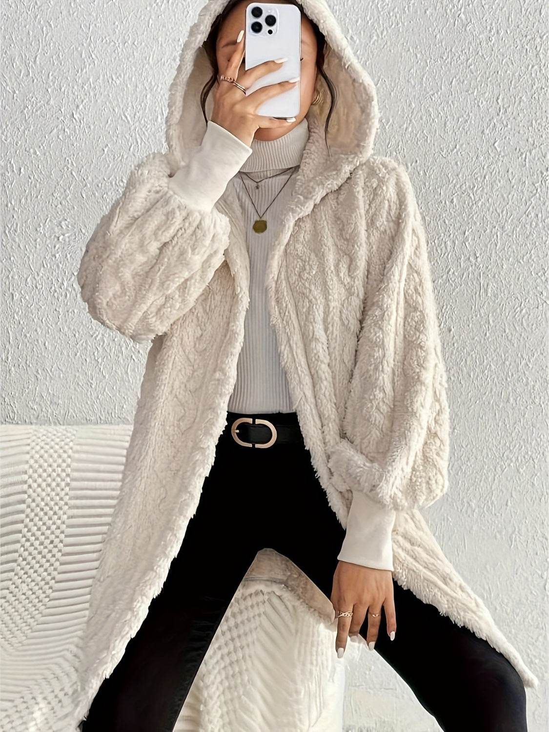 Open Front Long Sleeve Fuzzy Hooded Jacket - Delanoir