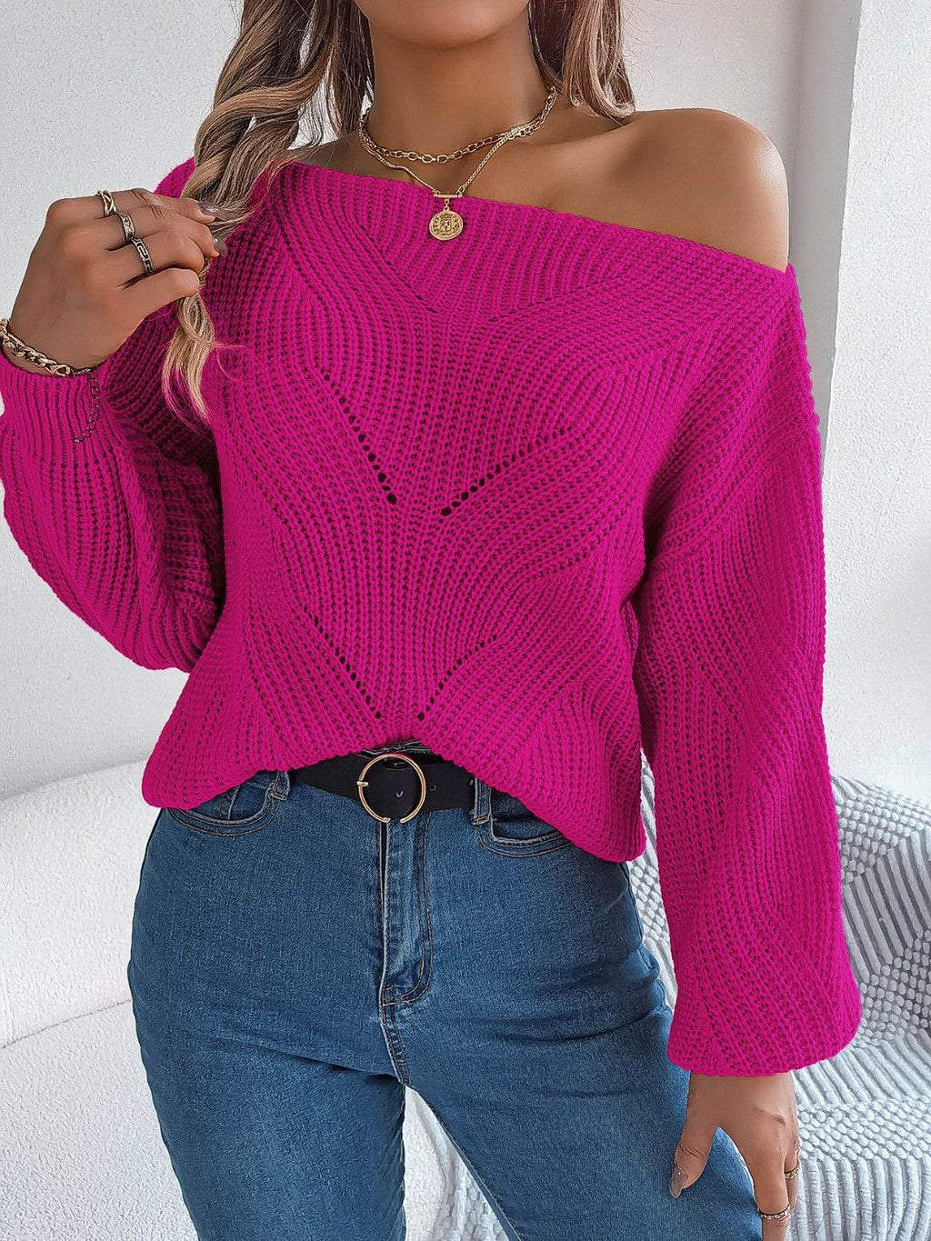 Openwork Long Sleeve Sweater - Delanoir