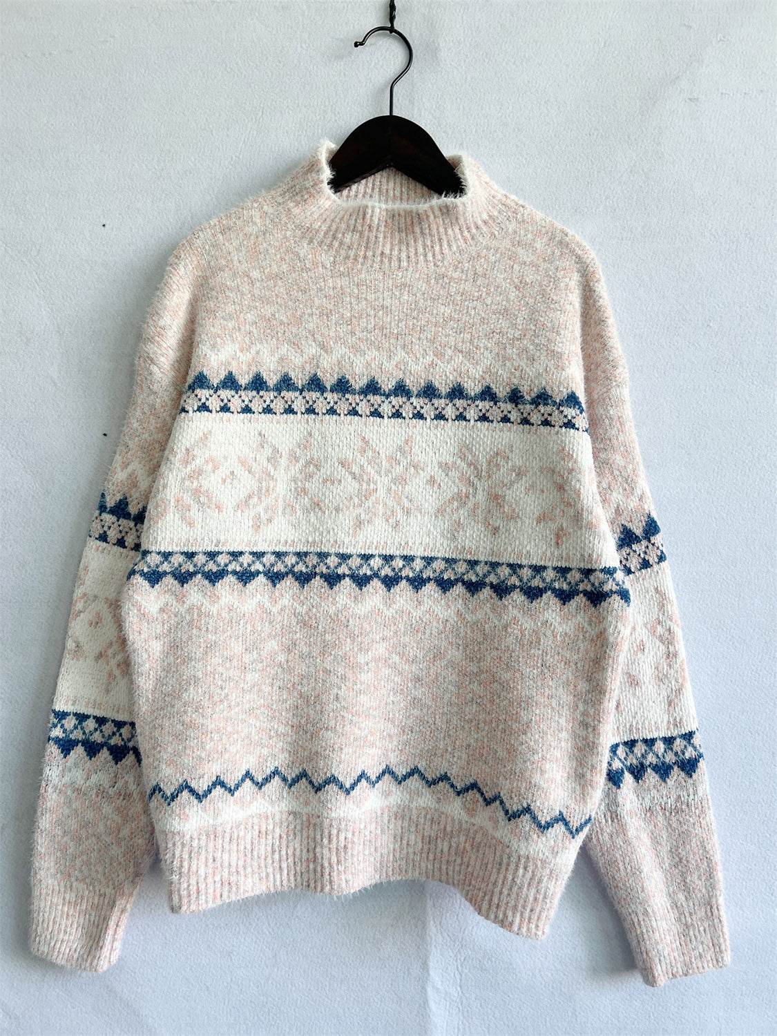 Geometric Mock Neck Dropped Shoulder Sweater - Delanoir