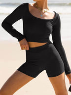 Scoop Neck Long Sleeve Top and Shorts Set - Delanoir