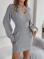 Cable-Knit Cutout Round Neck Slit Sweater Dress - Delanoir