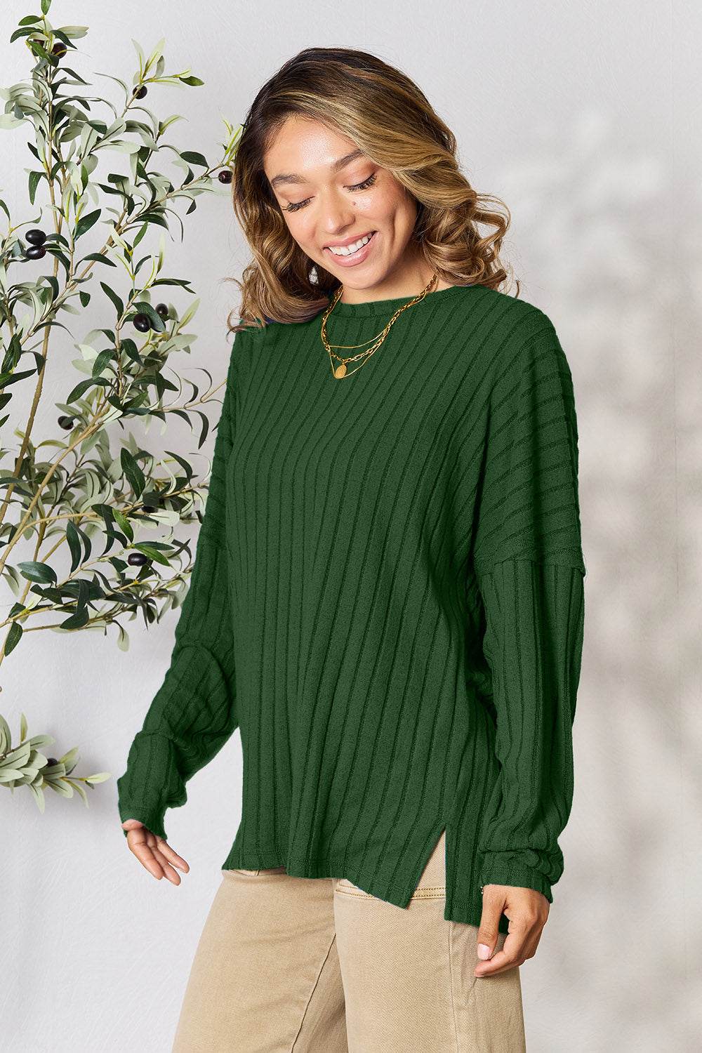 Basic Bae Full Size Ribbed Round Neck Slit Knit Top - Delanoir