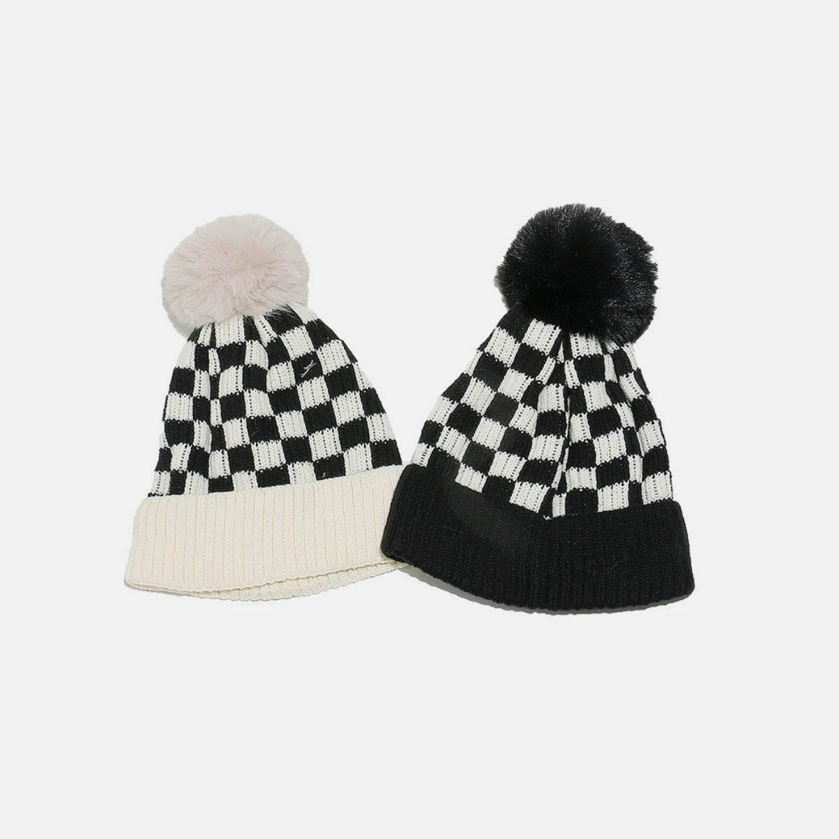 Checkered Knit Hat with Pompom - Delanoir