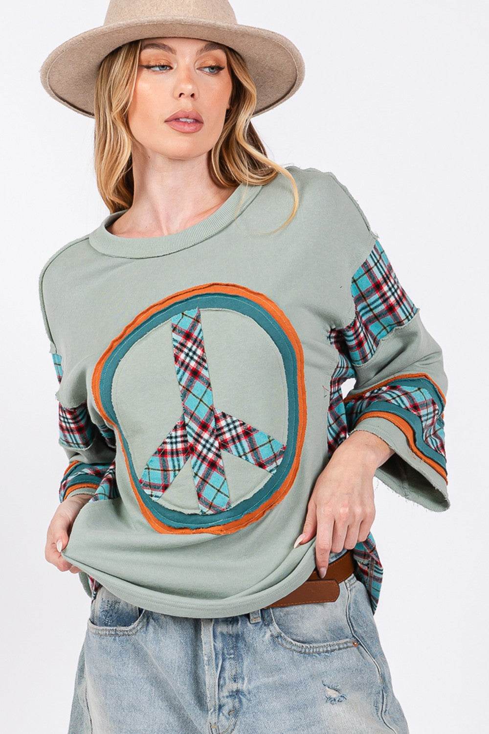 SAGE + FIG Peace Applique Patch Contrast Plaid Top - Delanoir