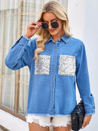 Raw Hem Button Up Long Sleeve Denim Jacket with Sequin Pockets - Delanoir