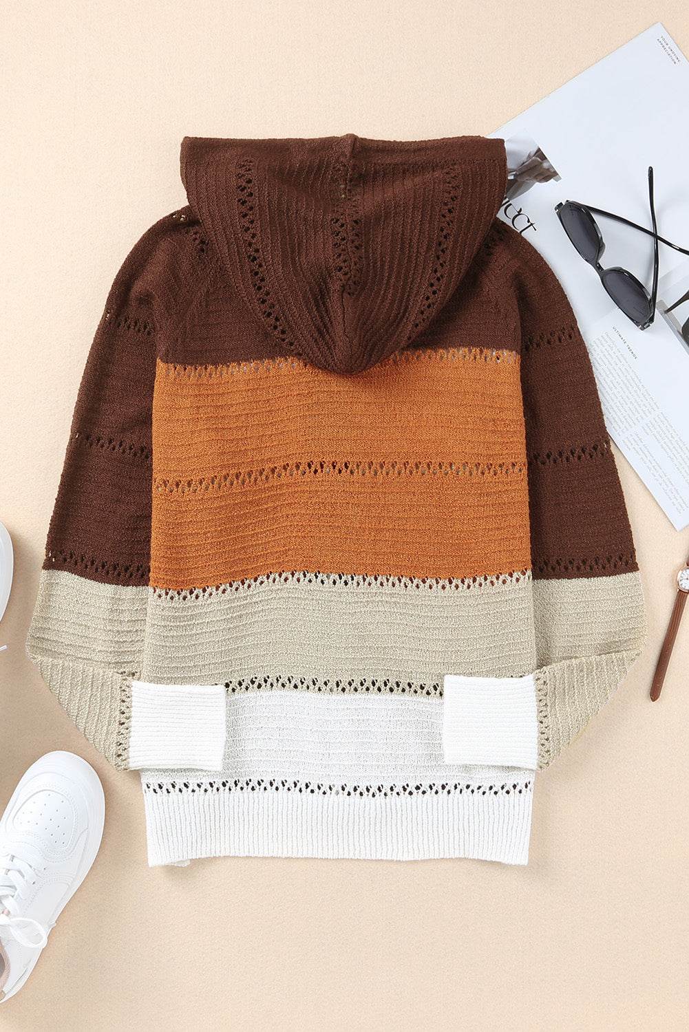 Zip-Up Raglan Sleeve Openwork Hooded Cardigan - Delanoir