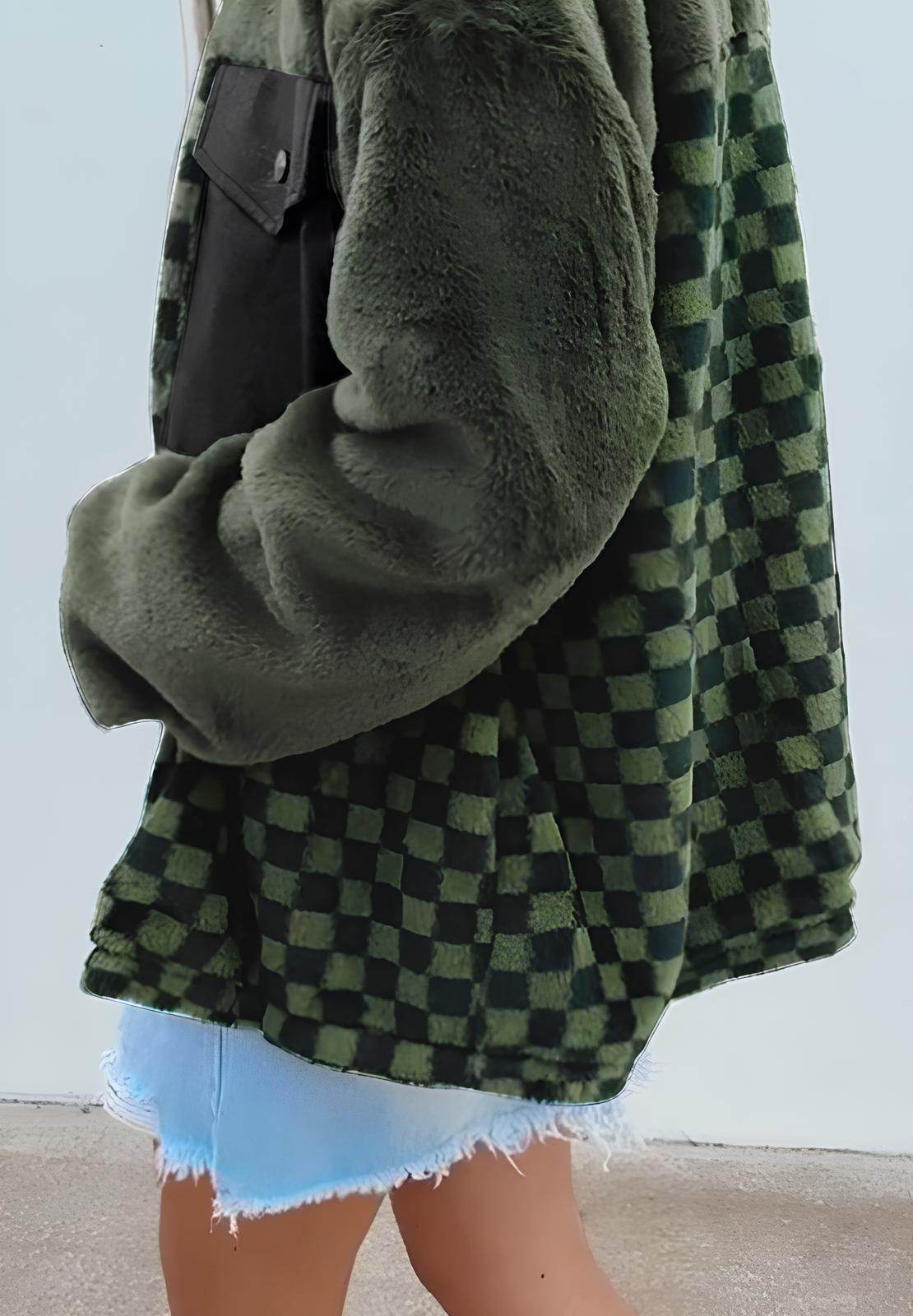 Pocketed Checkered Collared Neck Snap Down Jacket - Delanoir