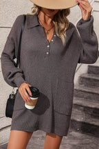 Collared Neck Long Sleeve Sweater Dress with Pockets - Delanoir