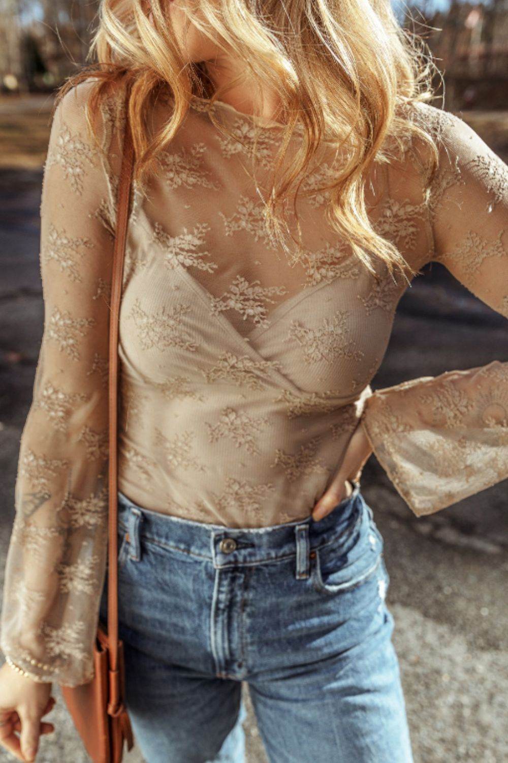 Surplice Cami and Lace Long Sleeve Cover Up Set - Delanoir