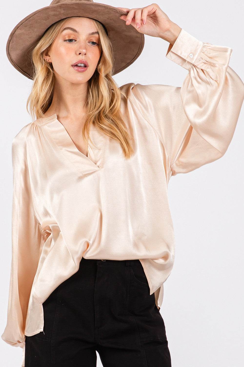 SAGE + FIG Notched Long Sleeve Blouse - Delanoir