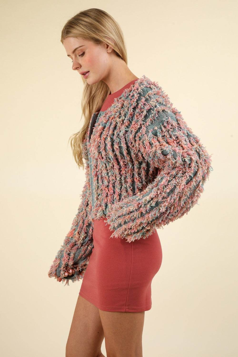 VERY J Shaggy Yarn Knit Zip Up Jacket - Delanoir