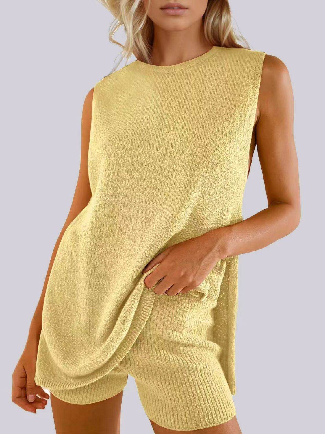Mandy Side Slit Round Neck Tank and Shorts Sweater Set - Delanoir