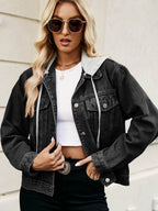 Drawstring Hooded Button Up Denim Jacket - Delanoir