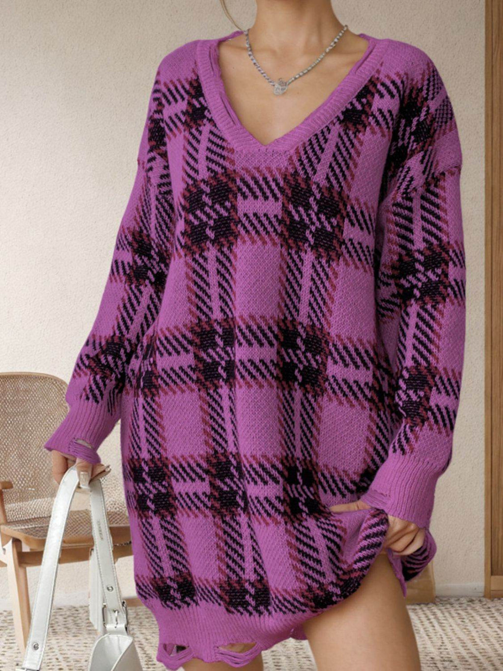 Distressed Plaid V-Neck Long Sleeve Sweater Dress - Delanoir