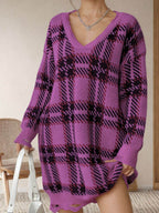 Distressed Plaid V-Neck Long Sleeve Sweater Dress - Delanoir