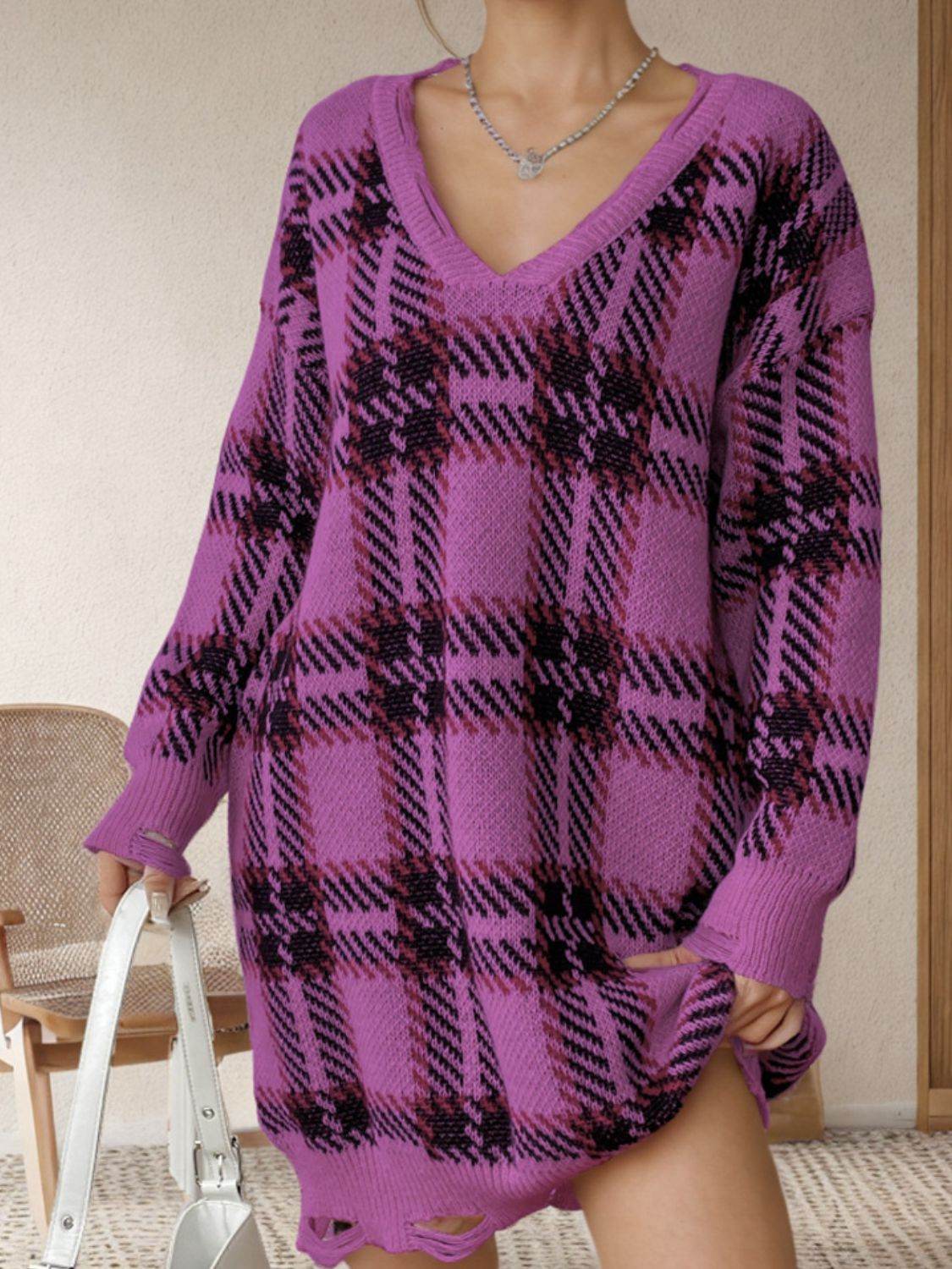 Distressed Plaid V-Neck Long Sleeve Sweater Dress - Delanoir