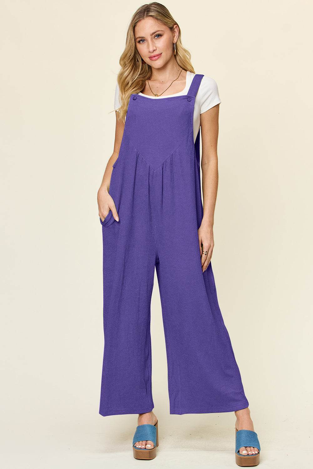 Double Take Full Size Texture Sleeveless Wide Leg Overall - Delanoir