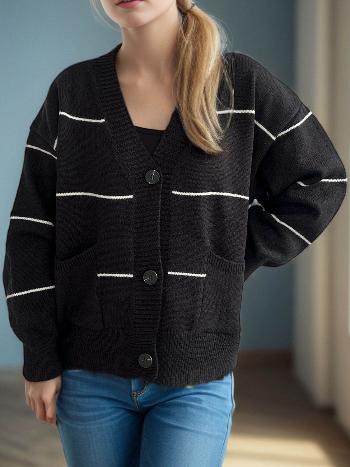 Striped Button Down V-Neck Long Sleeve Cardigan - Delanoir