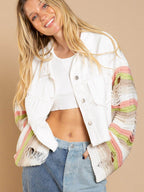 Distressed Striped Long Sleeve Denim Jacket - Delanoir