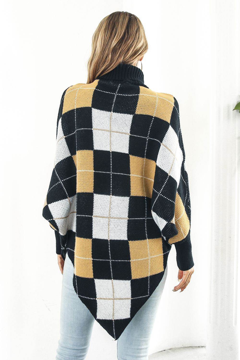 Plaid Turtleneck Dolman Sleeve Poncho - Delanoir