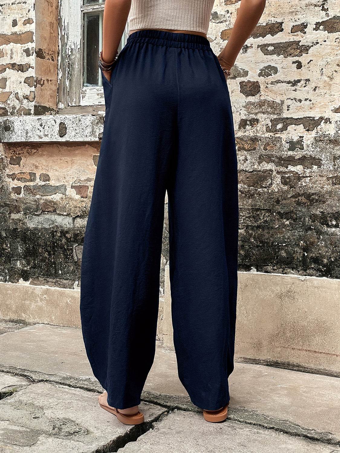 Elastic Waist Pants with Pockets - Delanoir
