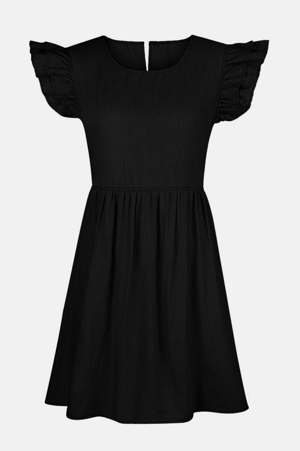 Full Size Ruffled Round Neck Cap Sleeve Denim Dress - Delanoir