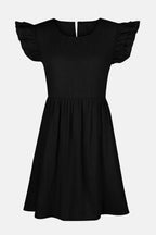 Full Size Ruffled Round Neck Cap Sleeve Denim Dress - Delanoir