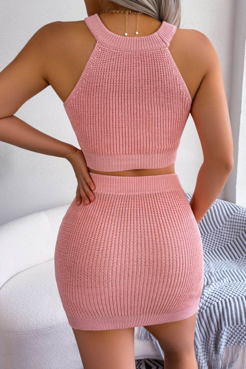 Heart Contrast Ribbed Sleeveless Knit Top and Skirt Set - Delanoir