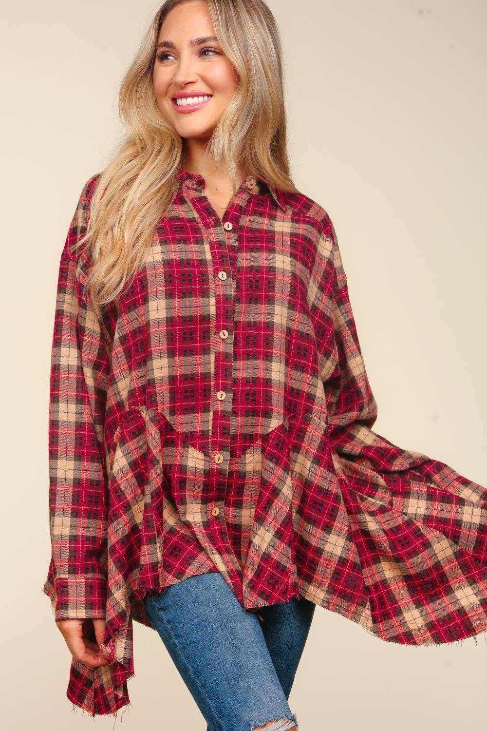 Haptics Plaid Button Down Sharkbite Shirt - Delanoir
