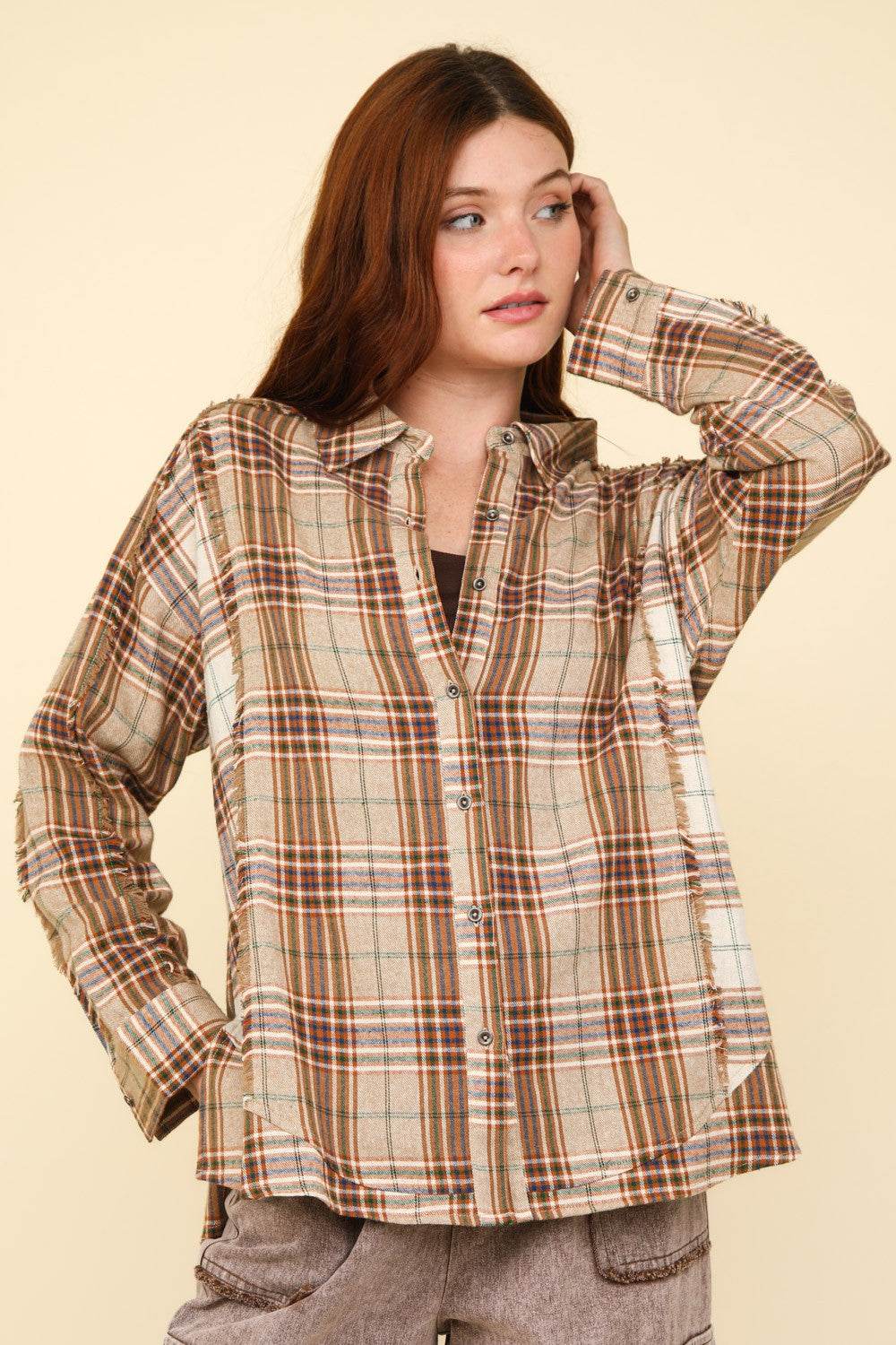 VERY J Contrast Plaid Raw Detail Shirt - Delanoir
