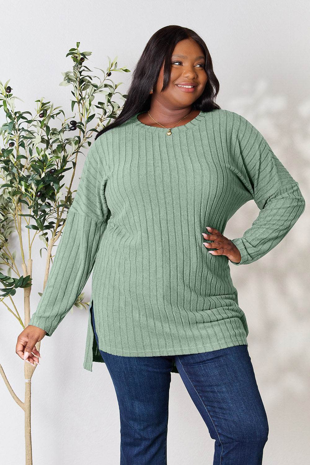 Basic Bae Full Size Ribbed Round Neck Long Sleeve Slit Top - Delanoir