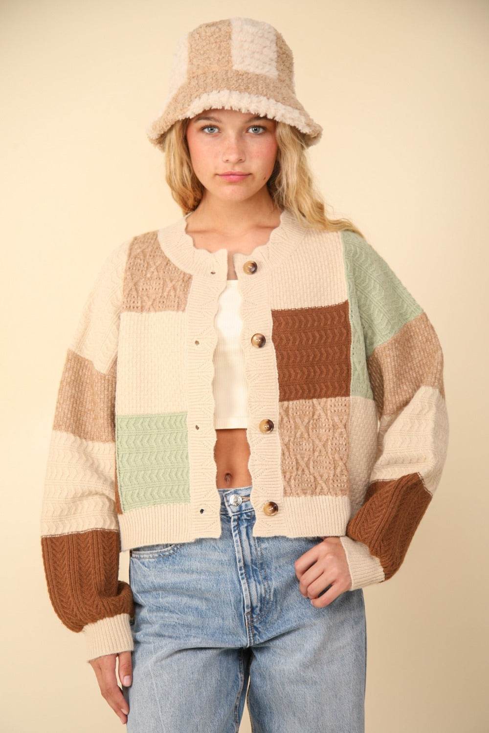 VERY J Color Block Button Down Textured Sweater Cardigan - Delanoir