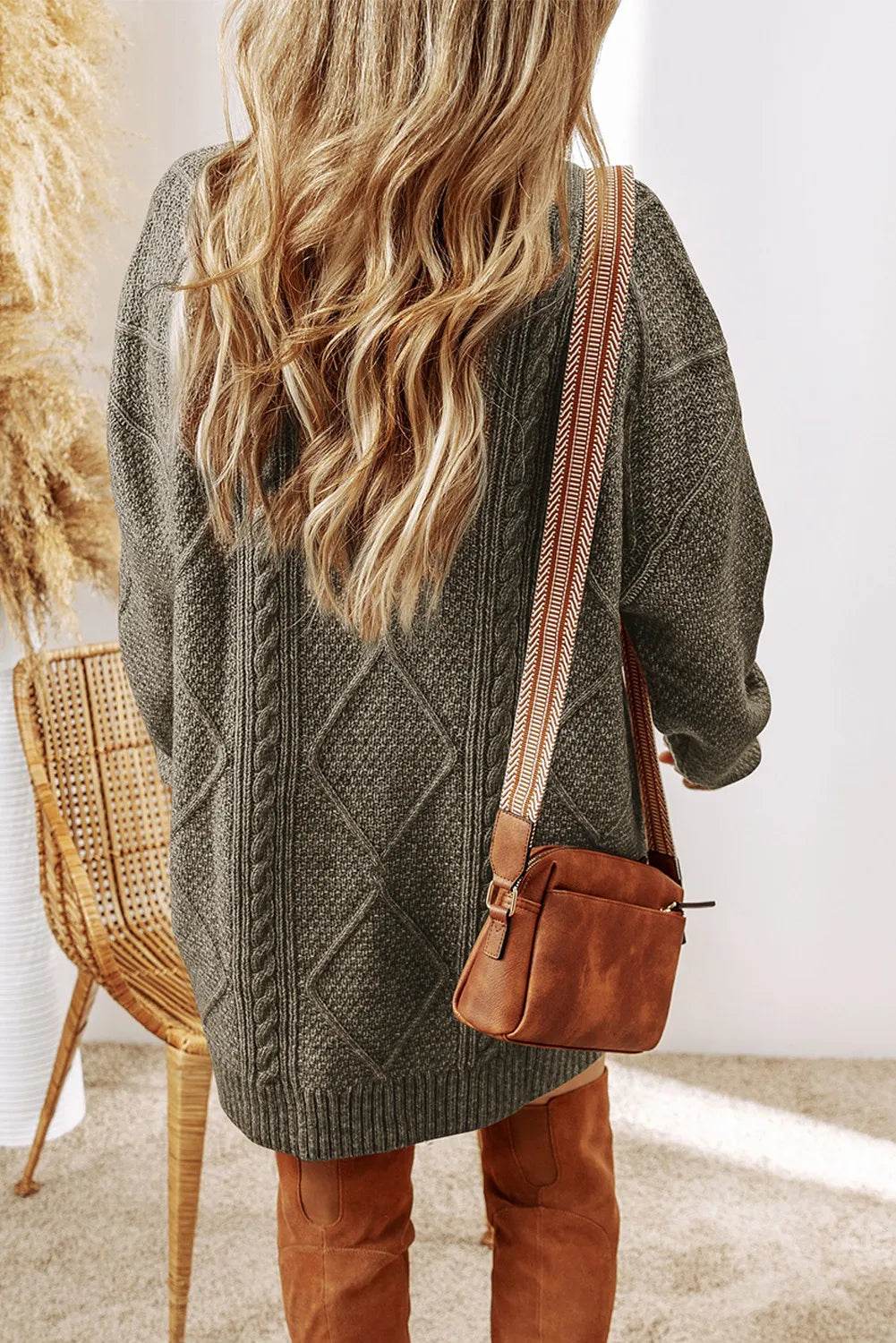 Cable-Knit Round Neck Sweater Dress - Delanoir