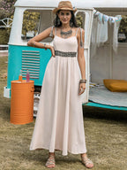 Waffle-Knit Tied Spaghetti Strap Dress - Delanoir