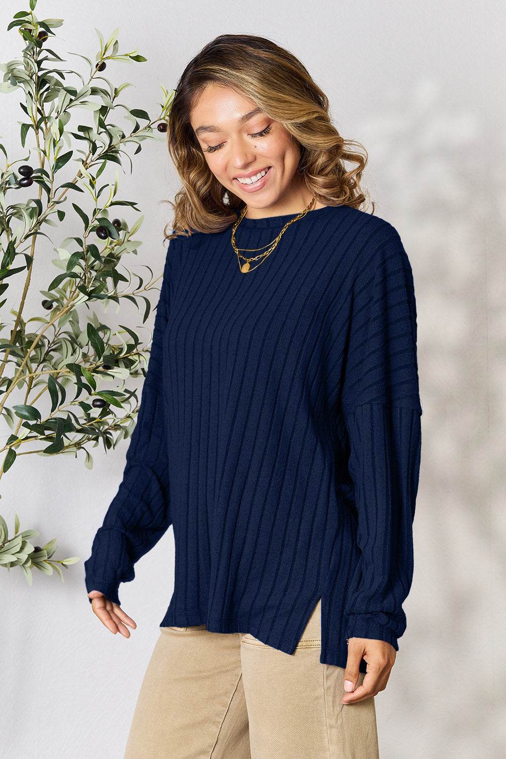 Basic Bae Full Size Ribbed Round Neck Slit Knit Top - Delanoir