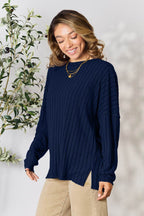 Basic Bae Full Size Ribbed Round Neck Slit Knit Top - Delanoir