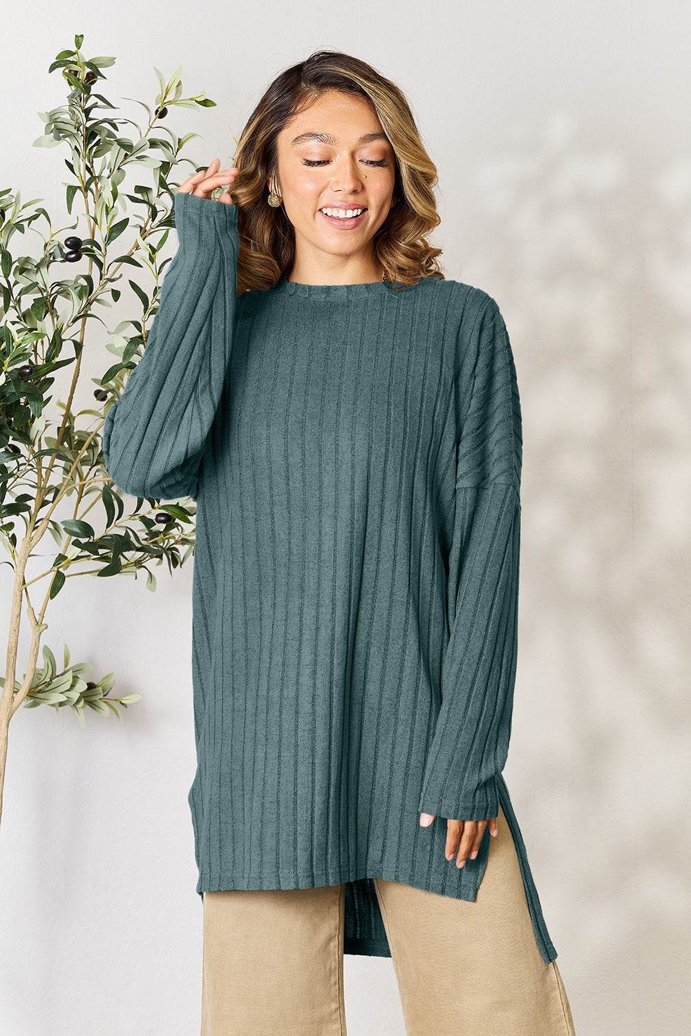 Basic Bae Full Size Ribbed Round Neck Long Sleeve Slit Top - Delanoir