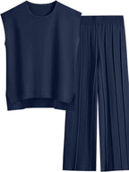 Round Neck Cap Sleeve Top and Pants Knit Set - Delanoir
