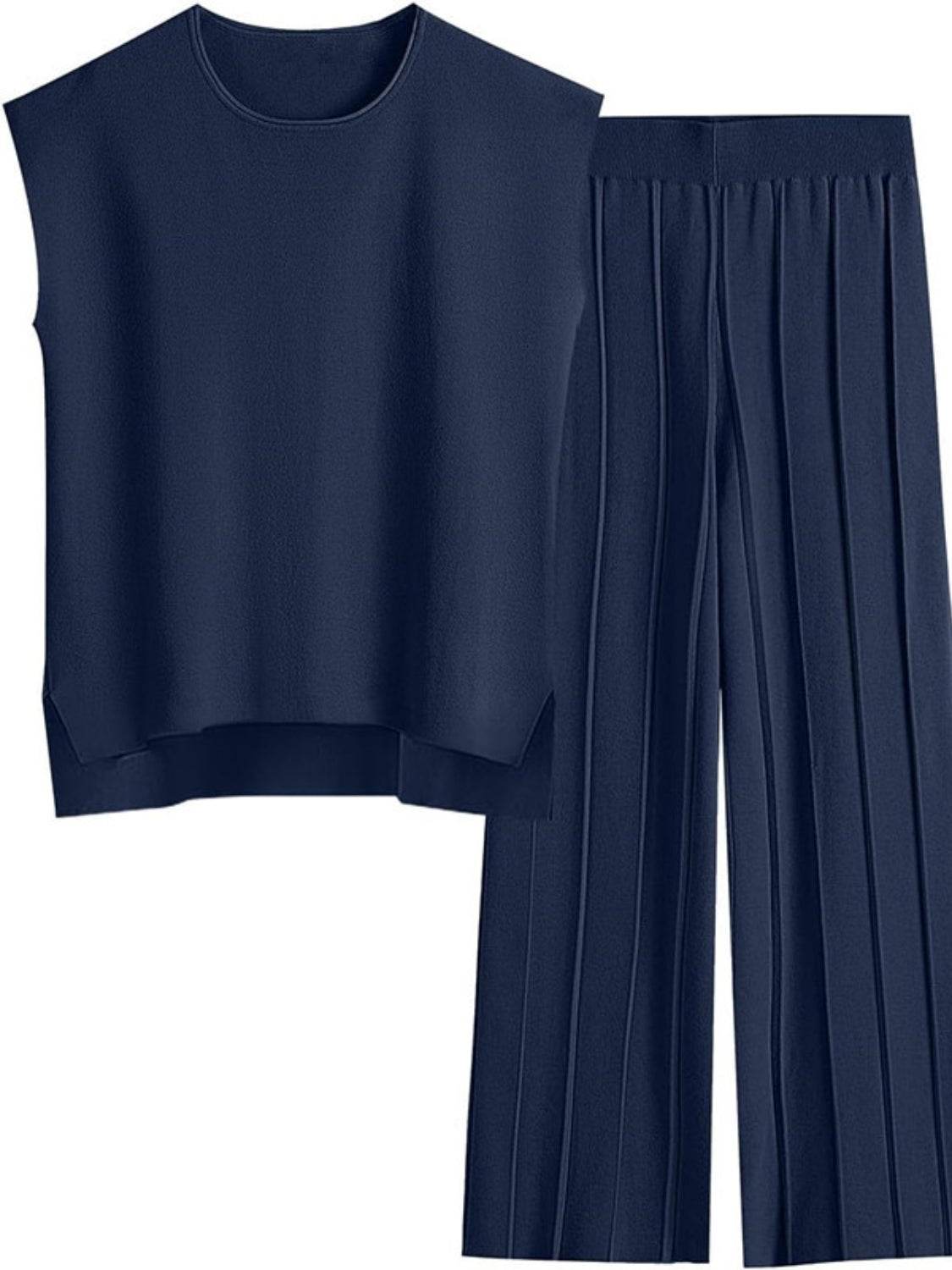 Round Neck Cap Sleeve Top and Pants Knit Set - Delanoir